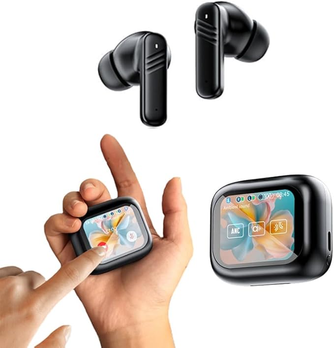 Touch screen earbuds Wireless Earbuds - Active Noise Cancelling Earbuds ANC with Smart Touch Screen - Ear Earbuds with Wireless Charging Case LED Display Deep Bass Earphones Headset with Built (Black)