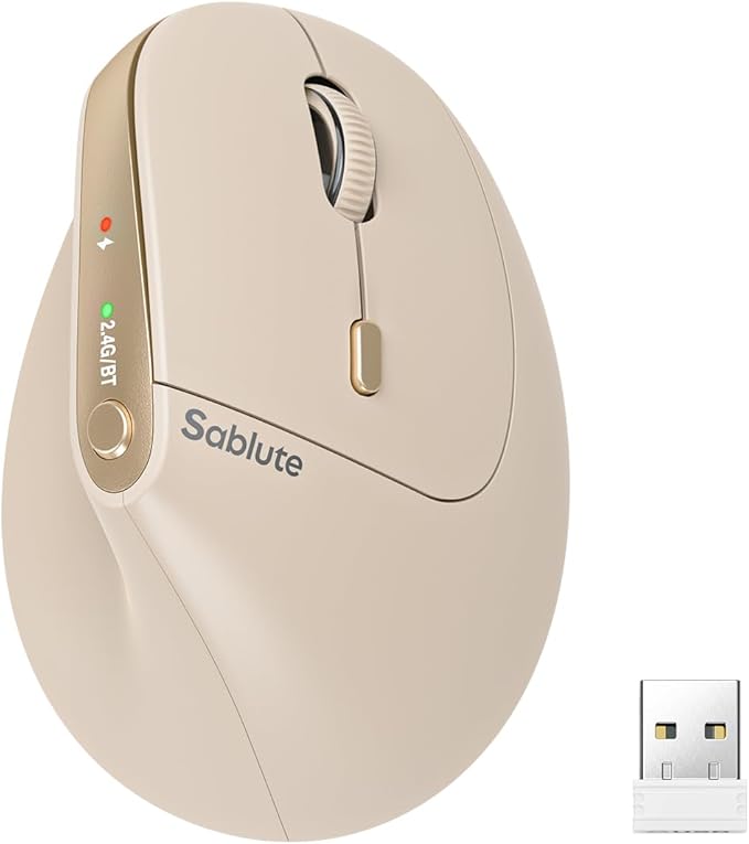 SABLUTE MAM3 Ergonomic Mouse, Rechargeable Wireless Vertical Mouse with 4 Adjustable DPI for Small/Medium Hands, Dual-Device Connectivity for Computer/PC/Laptop,Bluetooth Mouse for Window,Mac OS,Beige