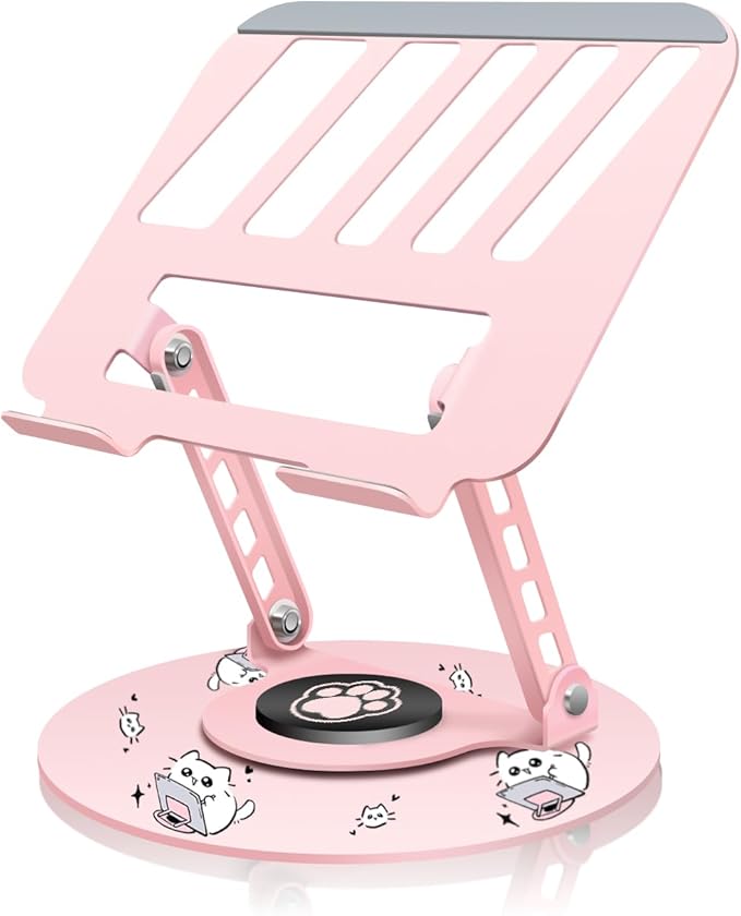 Upgraded Pink Swivel Laptop Stand - 360° Rotating Base & Foldable|Cute Cat Patterns for Healing Vibe|Fits MacBook & 13-15" Laptops|Ideal for Desk Work,Office,Travel,Home,Painting