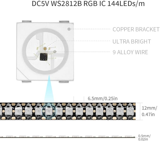 WS2812B IC RGB 5050SMD ECO Individual Addressable LED Strip Light, 3.2FT 144LED/m Flexible Full Color IP30 DC5V Black PCB for DIY Project (No Power Adapter or Controller)