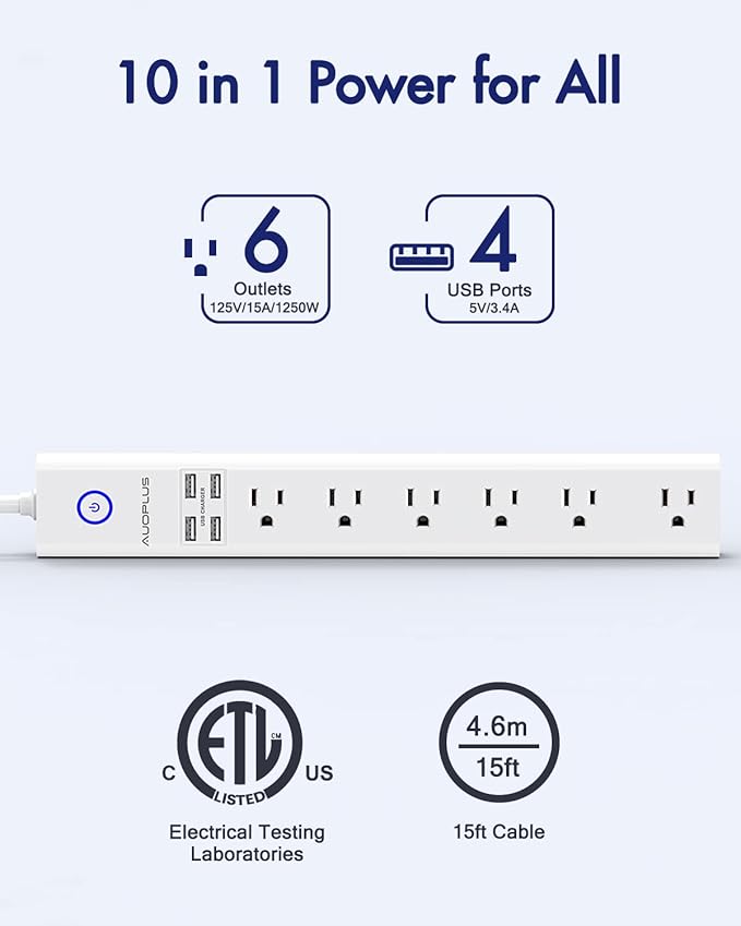 15 Ft Power Strip Surge Protector, 6 Outlets and 4 USB Ports, Flat Plug Power Strips Long Extension Cord with Overload Protection, Wall Mount for Home, Office, Dorm, ETL Listed