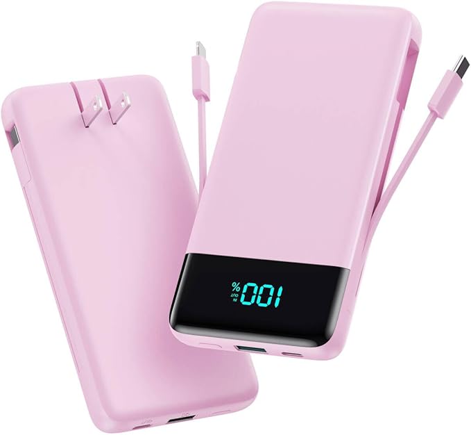 Portable Charger for iPhone,13800mAh Slim Power Bank with Built-in Cables & AC Wall Plug,All in One 4 Outputs USB C Fast Charging Battery Pack for iPhone 17/16/15/14,Android,Travel Essential (Pink)
