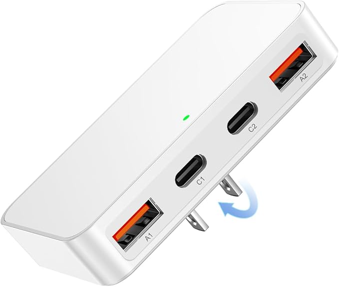 Flat USB Wall Charger 4 Ports Slim 35W USB-C/A Flodable Plug Fast Charging Block for iPhone 8/9/10/11/12/13/14/15 Multiport Power Charging Adapter for ipad and Galaxy Series S8-10 White