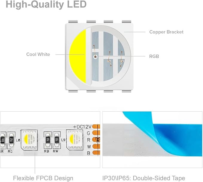 BTF-LIGHTING RGBW LED Strip Lights,UL Listed,5050 4 Colors in 1 RGB + 6000K-7000K Cool White,12V DC,16.4ft/5m 60LEDs/m 12mm White PCB, IP30 for Home Decoration(No Adapter or Controller)