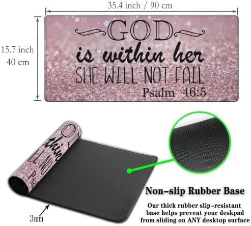 Gaming Mouse Pad Pink Desk Pad, XXL Mouse Pads Desk Decor for Girls Keyboard Pad, Oversized Mouse Pad Non-Slip Rubber Base, 35.4 X 15.7 in for Work/Game/Office She Will Not Fall- Bible Verse