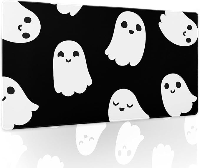 Halloween Cute Ghost Mouse Pad Large Kawaii Cartoon Spooky Funny Spirit Extended Desk Mat Non-Slip Rubber Base Stitched Edge Large XL Black White Mousepad for Desk Gaming Laptop Desktop,24x14 Inch