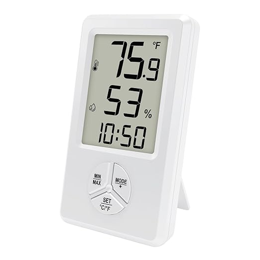 Urageuxy Digital Hygrometer Indoor Thermometer Humidity Meter with Temperature and Humidity Room Thermometer with Time Alarm Clock for Home, Bedroom, Baby Room, Office, Greenhouse, Cellar