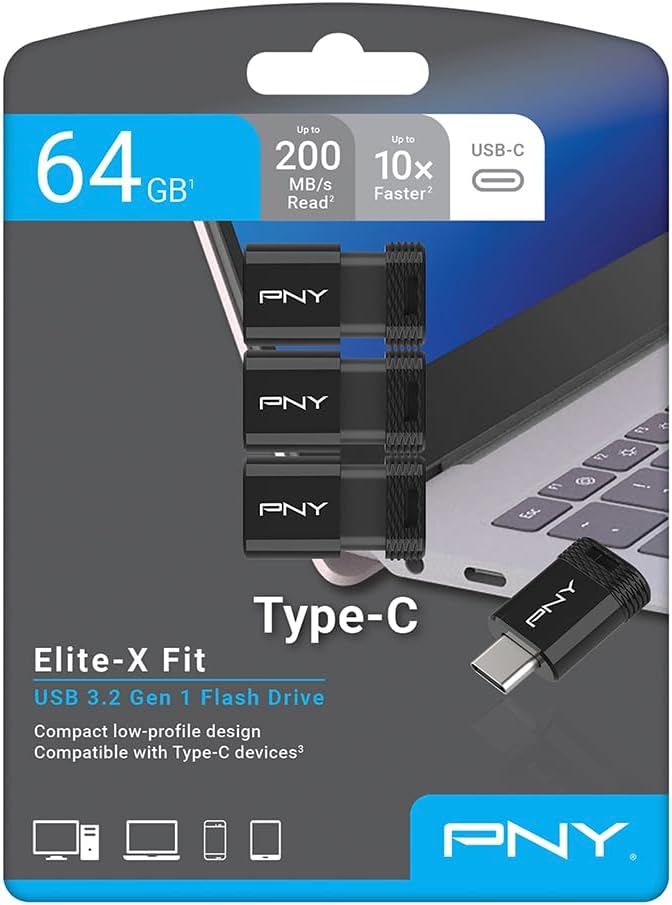 64GB PNY Elite-X Fit Type-C USB 3.2 Flash Drive – Up to 200MB/s Read, Advanced Performance, Convenient Portable Data Storage, Ultra Compact Fit Design, Type-C Connector, 3-Pack