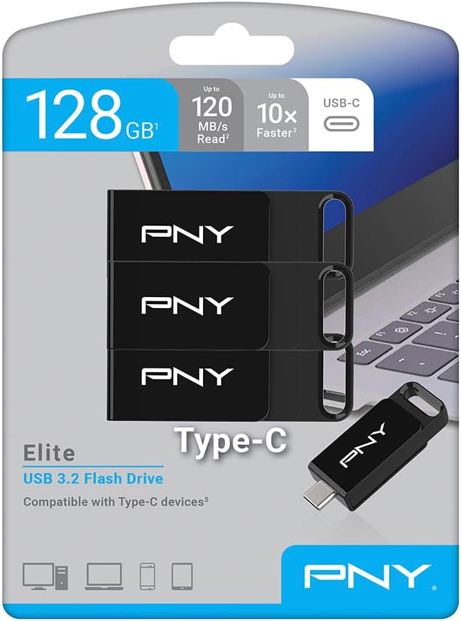 128GB Elite Type-C USB 3.2 Flash Drive – Up to 120MB/s Read, Up to 10x Faster Write Than USB 2.0, Reliable Design, Durable & Portable for Everyday Store & Share, Type-C Connector, 3-Pack