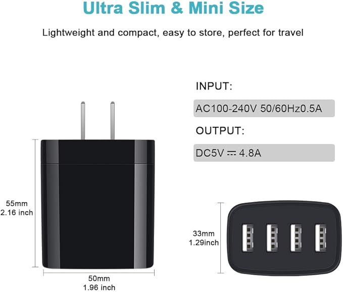 4-Port USB Charger Block, 2-Pack Charging Block Wall Charger MultiPlug Outlet Charging Cube Box USB Wall Plug for iPhone 17 16 15 14 13 12 11 Pro Max SE XR XS X 8, iPad,Samsung Galaxy S25,Google Pixel