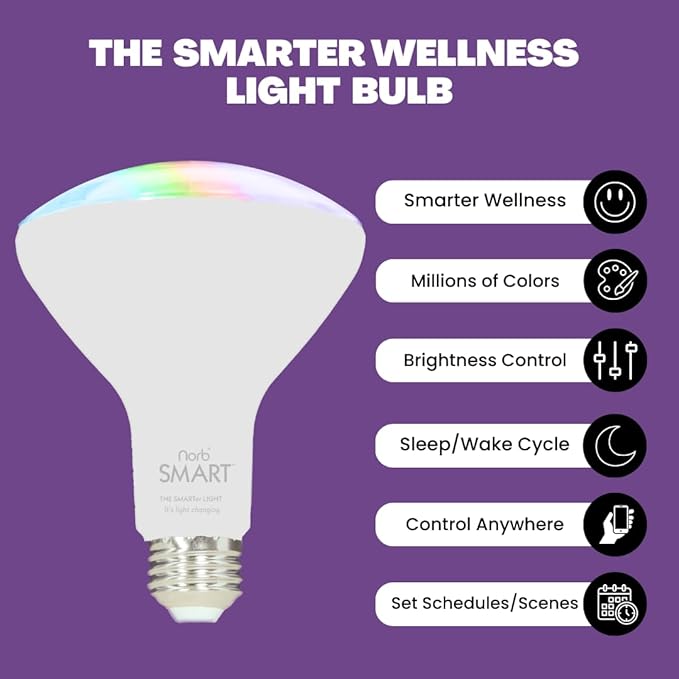 Norb SMART Light Bulb, Tunable Wellness Circadian Rhythm LED, Full Spectrum White & Color Changing, Alexa & Google Home Compatible, Dimmable, BR30, 9W, for Home Automation, WiFi, Bluetooth (2-Pack)