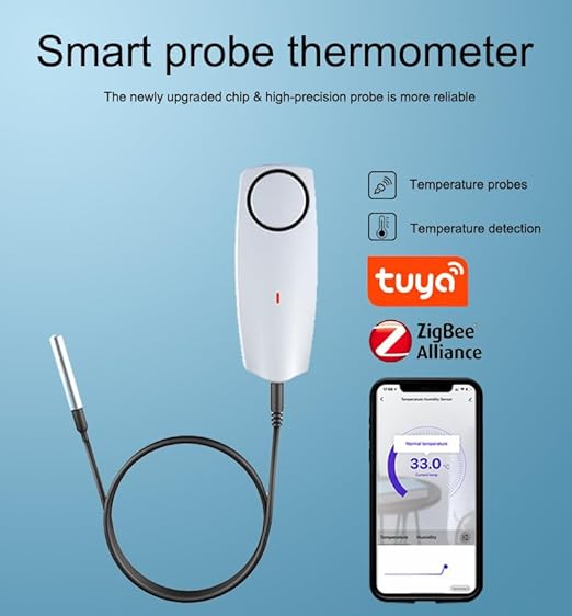 Zigbee Refrigerator Thermometer:App Notification, Data Record Export, Fridge Thermometer with Probe for Refrigerator, Freezer, Hot Tub.Hub Required