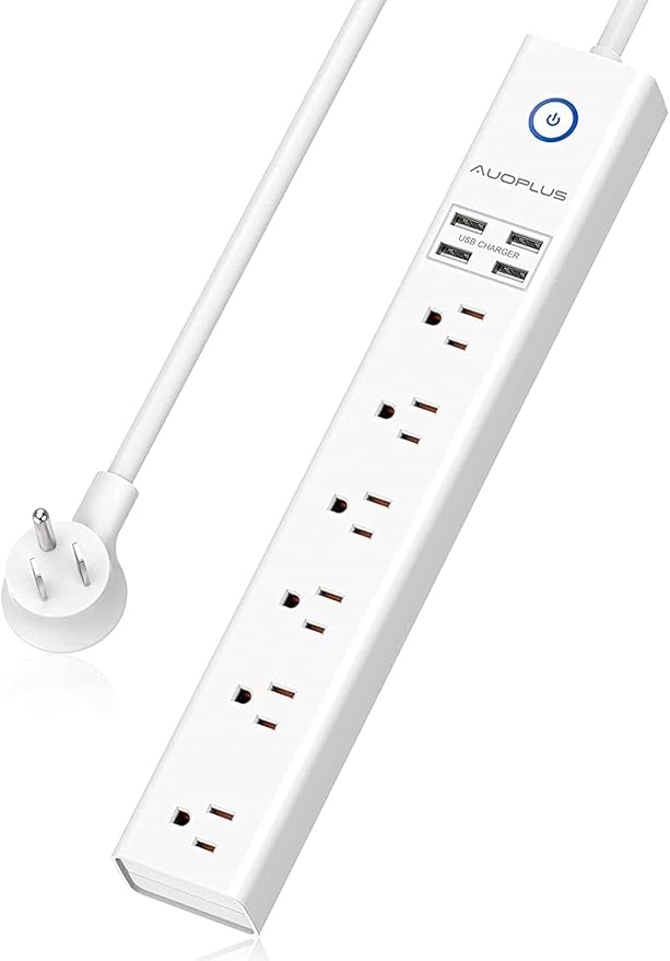 15 Ft Power Strip Surge Protector, 6 Outlets and 4 USB Ports, Flat Plug Power Strips Long Extension Cord with Overload Protection, Wall Mount for Home, Office, Dorm, ETL Listed