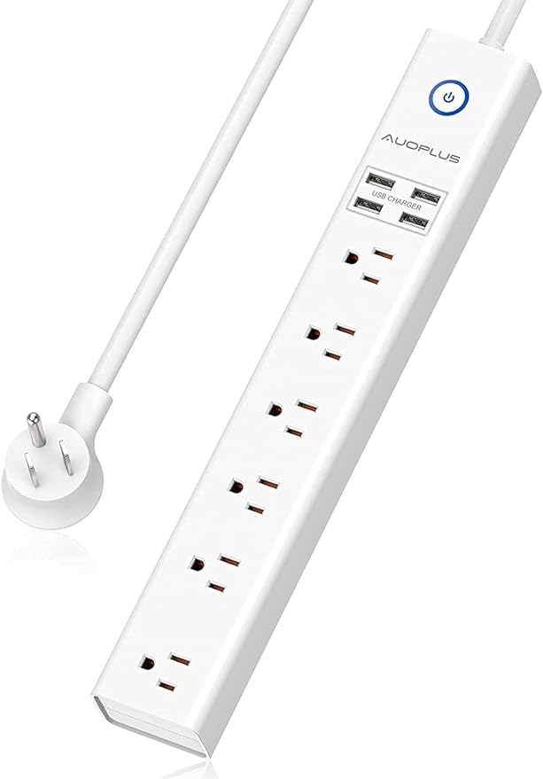 Power Strip 10Ft - Surge Protector with USB, AUOPLUS 6 Outlet and 4 USB Charger, 10Ft Long Extension Cord Flat Plug(1250W/10A/2100J), Wall Mountable Overload Protection for Computer Home Office Dorm