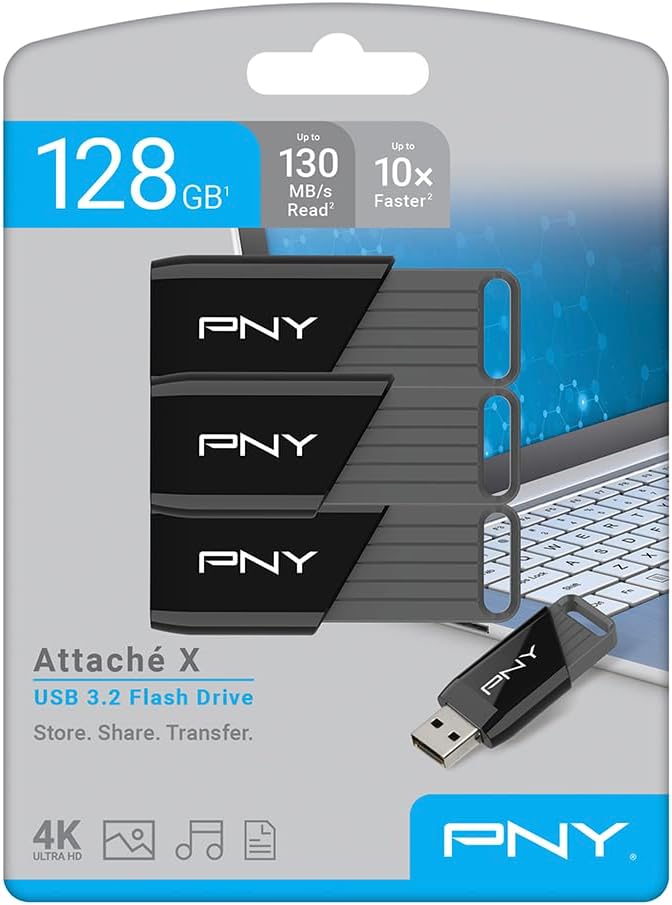 PNY 128GB Attaché X USB 3.2 Gen 1 Flash Drive, Advanced Performance Up to 130MB/s Read, Everyday Data Store & Transfer, Reliable Portable Storage, Durable, Type-A, Computers, Laptops, Desktops, 3-Pack