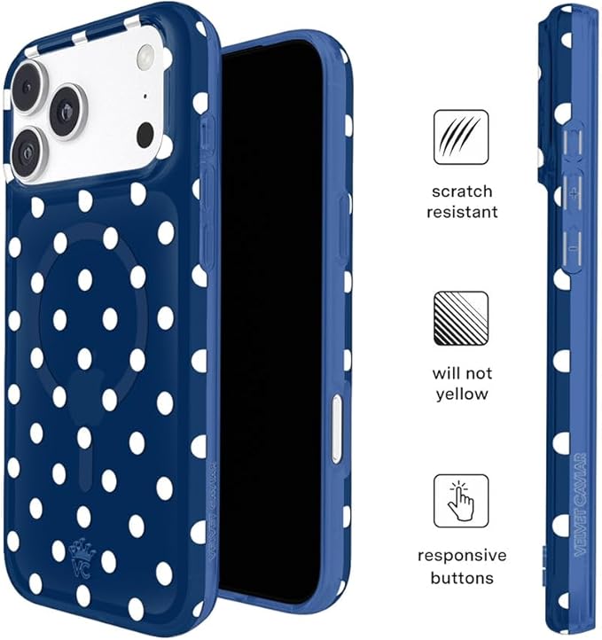 VELVET CAVIAR Case for iPhone 17 Pro Max | Compatible with MagSafe | 10ft Drop Tested | Silver Holographic Phone Cases | Midnight Polka Dot