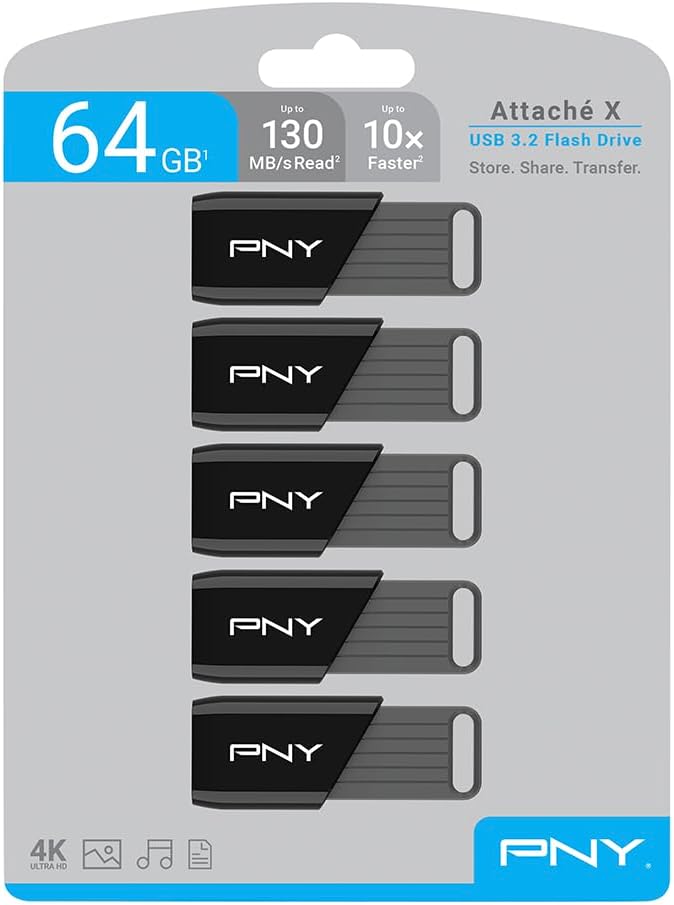 PNY 64GB Attaché X USB 3.2 Gen 1 Flash Drive, Advanced Performance Up to 130MB/s Read, Everyday Data Store & Transfer, Reliable Portable Storage, Durable, Type-A, Computers, Laptops, Desktops, 5-Pack