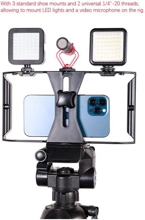 Smartphone Video Cage Rig, HuaerHui Handheld Phone Video Filmmaking Vlogging Stabilizer Grip Tripod Mount Fits Most Phones, with Cold Shoe Mounts, 1/4in Screw Holes to Connect LED Lights/Microphones