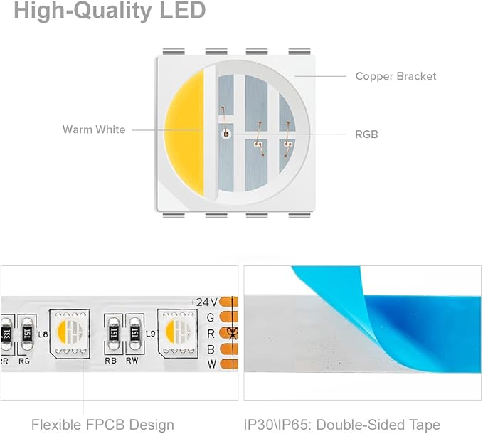 BTF-LIGHTING 5050 RGBW RGB+Cool White(6000K-7000K) 4 Colors in 1 LED Tape Light DC24V 5m 16.4ft 60LED/m Multi-Colored IP65 White 12mm PCB for Bedroom Kitchen Home Decoration(No Adapter or Controller)
