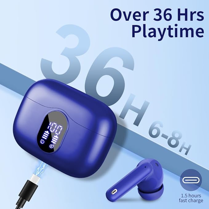 Btootos Wireless Earbuds Bluetooth 5.3 Headphones Bass Stereo Ear Buds with Noise Cancelling Mic LED Display in Ear Earphones IP7 Waterproof 36H Playtime for Laptop Pad Phones Sports Sapphire Blue