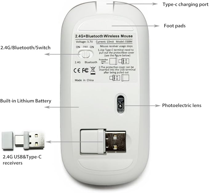 KLO Rechargeable Bluetooth 5.2/3.0/Type-C/USB-2.4G Mouse for MacBook/MacBook air/Pro/iPad, Wireless Mouse for Laptop/Notebook/pc/iPad/Chromebook (2/Silver)