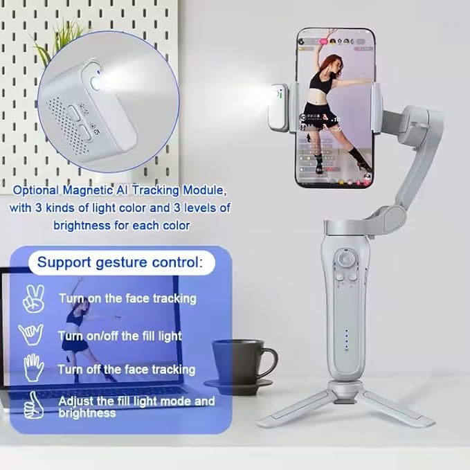 DOSTDR - Phone Gimbal Stabilizer, 3-Axis Phone Holder, Foldable, Handheld, Gimble, Focus Option, TikTok, Lightweight, AI Tracking, YouTube, Vlog Stabilizer, Smartphones, Cameras, Tripod, Ideal Gift