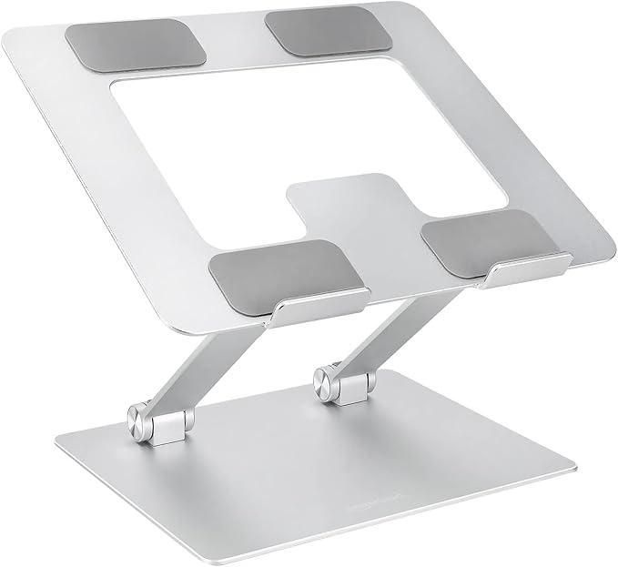 Amazon Basics Sturdy and Portable Ergonomic Laptop Stand for Desk, Height Adjustable Riser with Ventilated Cooling, Foldable, Fits all Laptops up to 15.6 Inch, Silver