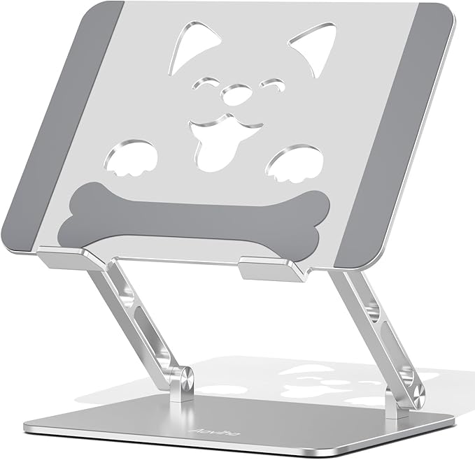 Aoviho Laptop Stand for Desk-Adjustable, Foldable, Portable, Ergonomic Aluminum Notebook Riser with Unique Puppy Cooling Vent, Desk Gift for 10"-17.3" Devices Mac, Dell, HP, Lenovo, Samsung, Silver