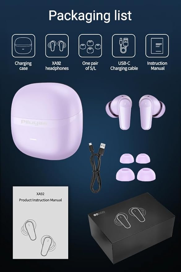 Piluyaa Wireless Earbuds Bluetooth 5.4 Headphones in Ear Buds, True ANC+ENC Noise Cancelling Earbuds, HiFi Stereo Deep Bass Earphones for Sports/Workout-Purple