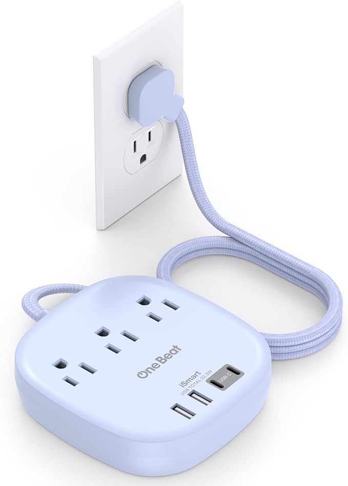Cruise Ship Travel Essentials, 22.5W/4.5A Flat Plug Power Strip, 6Ft Extension Cord, 3 Outlets 4 USB Ports (2 USB C) Cruise Approved Power Strip No Surge Protection, Desktop Charging Station, Purple