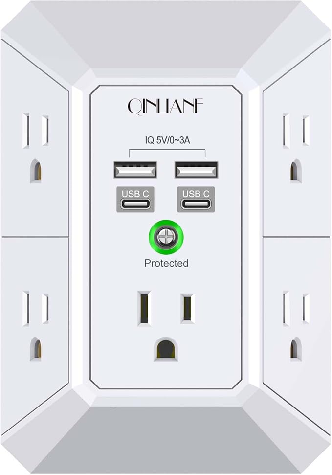 USB Wall Charger, Surge Protector, QINLIANF 5 Outlet Extender with 4 USB Charging Ports(2U2C) 3-Sided 1680J Power Strip Multi Plug Outlets Wall Adapter Spaced for Home Travel Office, White