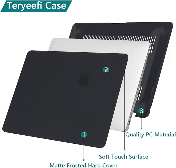 Teryeefi for MacBook Pro 13 inch Case A2338 M1 M2 A2251 A2251 A2159 A1989 A1706 (2016-2022) Frosted Hard Shell Case & Keyboard Cover & Screen Protector for MacBook Pro 13 Retina with Touch ID, Black