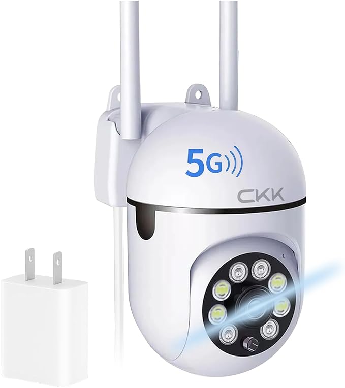 CKK 1080P Security Camera Outdoor Corded Power, 2MP PTZ WiFi Home Camera (2.4G/5G Dual-Band), 360° Pan/Tilt, Color Night Vision, Motion Alerts, 2-Way Audio, Compatible with Alexa, SD/Cloud Storage