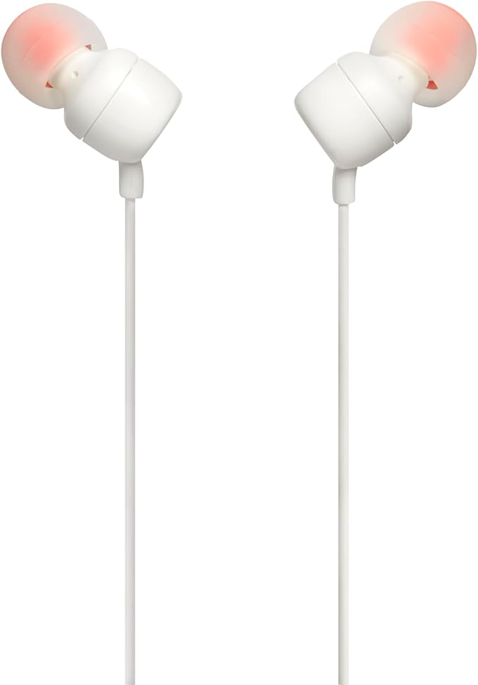 JBL Tune 110 - Wired in-Ear Headphones with JBL Pure Bass Sound, 1-Button Remote, Microphone and Tangle-Free Flat Cable (White)