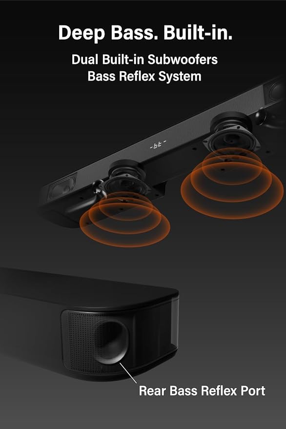 FUNLOGY Sound Bar for Smart TV, 100W 2.1ch Bluetooth 5.0 Soundbar with HDMI ARC, Optical & AUX, Remote Control, for Projector and Gaming, Black