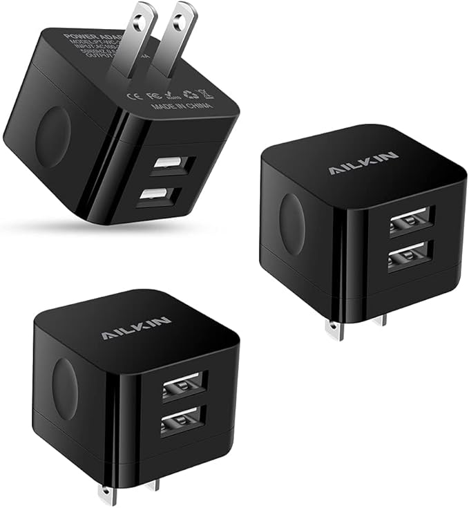 3Pack USB Wall Chargers, 2.4A Dual Port Fast Charger Block Square Flat Power AC Adapter Phone Brick Charging Station for iPhone, Samsung Galaxy, LG Stylo, Google Pixel, USB Plug House Hold Box Cube