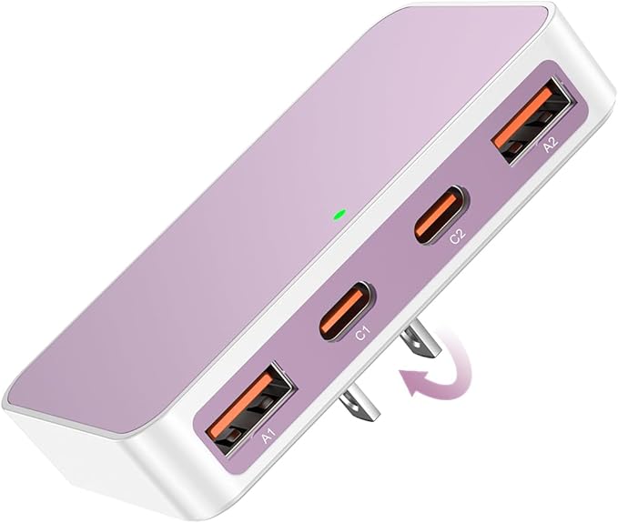 Flat USB Wall Charger 4 Ports Slim 35W USB-C/A Flodable Plug Fast Charging Block for iPhone 8/9/10/11/12/13/14/15 Multiport Power Charging Adapter for ipad and Galaxy Series S8-10 Purple
