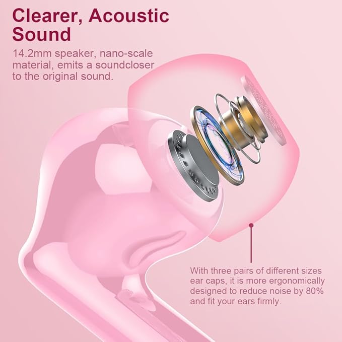 Btootos Wireless Earbuds Bluetooth 5.4 Headphones Bass Stereo Ear Buds with Noise Cancelling Mic LED Display in Ear Earphones IP7 Waterproof 36H Playtime for Laptop Pad Phones Sports Workout Pink