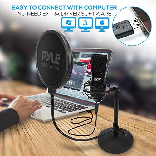 Pyle USB Microphone Podcast Recording Kit with Desktop Stand and Pop Filter, Audio Cardioid Condenser Mic for Gaming, Streaming, Podcasting, Studio, Youtube, Works with Windows Mac PC