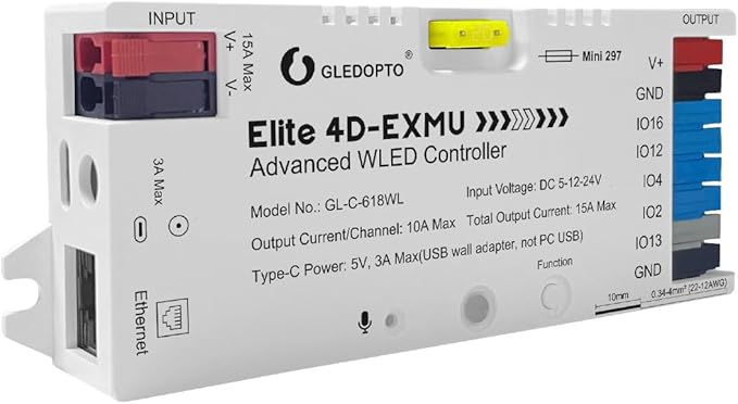 GLEDOPTO Elite ESP32 WLED LED Strip Light Controller 4 Outputs Ethernet Microphone UART Energy Saving Relay 20A Pluggable Fuse DIY Dynamic for WS2811 WS2812 SK6812 WS2815 Digital Addressable RGB IC