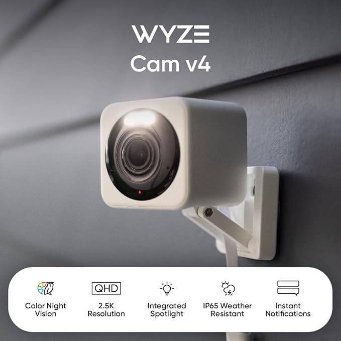 WYZE Cam v4 (Latest Model), 2.5K AI Security Camera, Indoor/Outdoor Cameras for Home Security, Baby Monitor & Pet Camera, Vibrant Color Night Vision, No Subscription Required, Free Expert Help