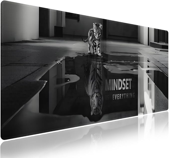 XXL Gaming Mouse Pad with Stitched Edges for Home & Office - Mindset is Everything Inspirational Quote & Cute Cat Funny Tiger Reflection, Smooth Fabric Surface Anti-Slip Base Large Desk Mat