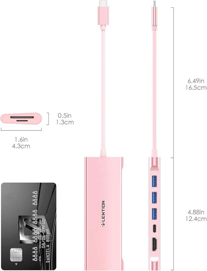 LENTION 7-in-1 USB C Multiport Hub with 4K HDMI, 100W PD, 3 USB 3.0 Ports, SD/MicroSD Card Reader Compatible MacBook Pro/Air/Neo 2016-2026 Type C Devices Stable Driver Adapter (CB-C36B, Rose Gold)