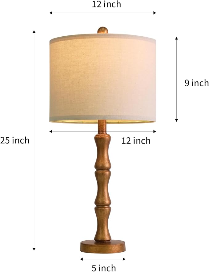 BOBOMOMO 25" Vintage Nightstand Lamps Set of 2, Farmhouse Table Lamps with Antique Gold Resin Base & Linen Shade, Standard Table Lamps for Bedroom, Living Room, Hallway & House Décor