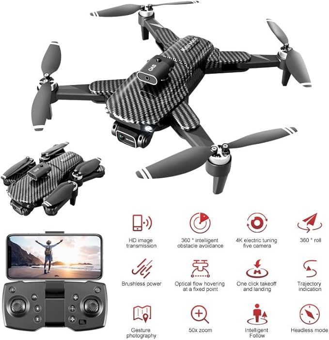 Drone with Camera 4K, 150° Adjustable Lens Foldable RC Quadcopter, Brushless Motors, Night Vision, Shock Absorbing, Obstacle Avoidance, One Key Take Off, 2 Batteries