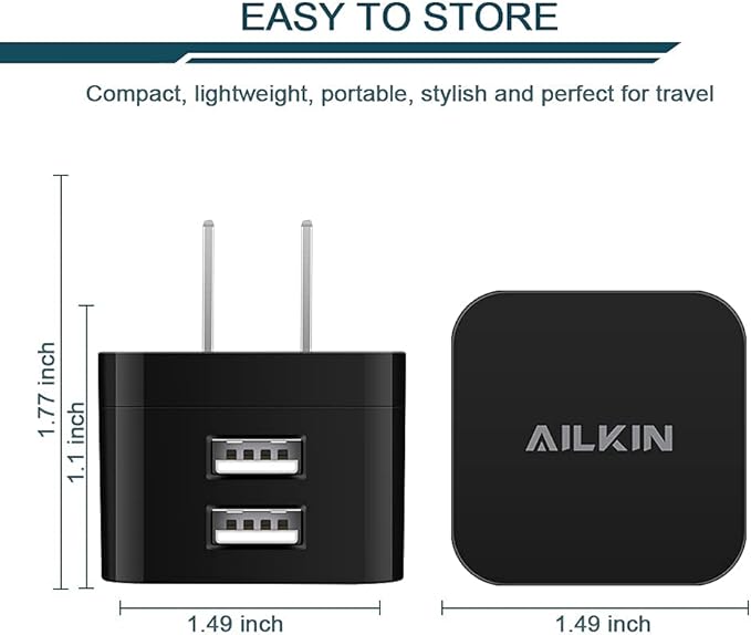 3Pack USB Wall Chargers, 2.4A Dual Port Fast Charger Block Square Flat Power AC Adapter Phone Brick Charging Station for iPhone, Samsung Galaxy, LG Stylo, Google Pixel, USB Plug House Hold Box Cube