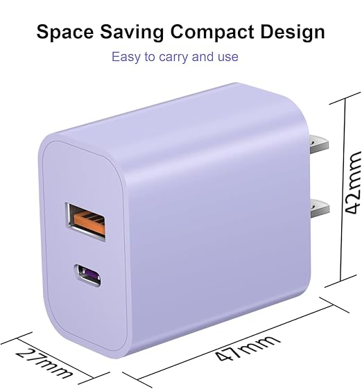 iPhone 16/15 Charger, USB C [3 Pack] Dual Port QC + PD Wall Charger Block With USB A Quick Charging Brick Plug for Apple iPhone 16/16 Pro Max/16 Plus/15/14/13/12/11/X/iPad - Purple