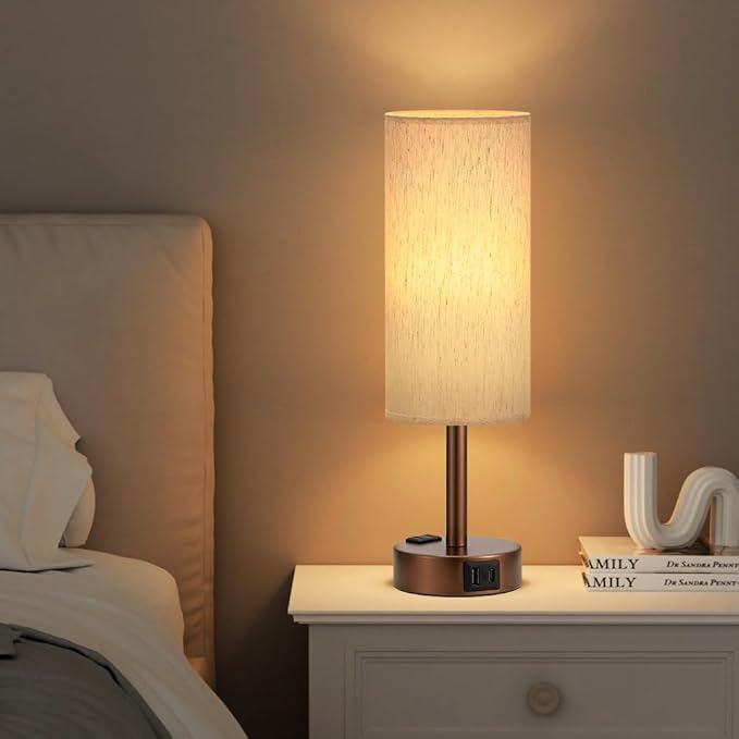 Fenmzee Brown Bedside Table Lamp for Bedroom - 3 Way Dimmable Touch Lamp USB C Charging Ports and AC Outlet, Small Lamp Round Flaxen Cream Fabric Shade for Living Room, Desk, LED Bulb Included