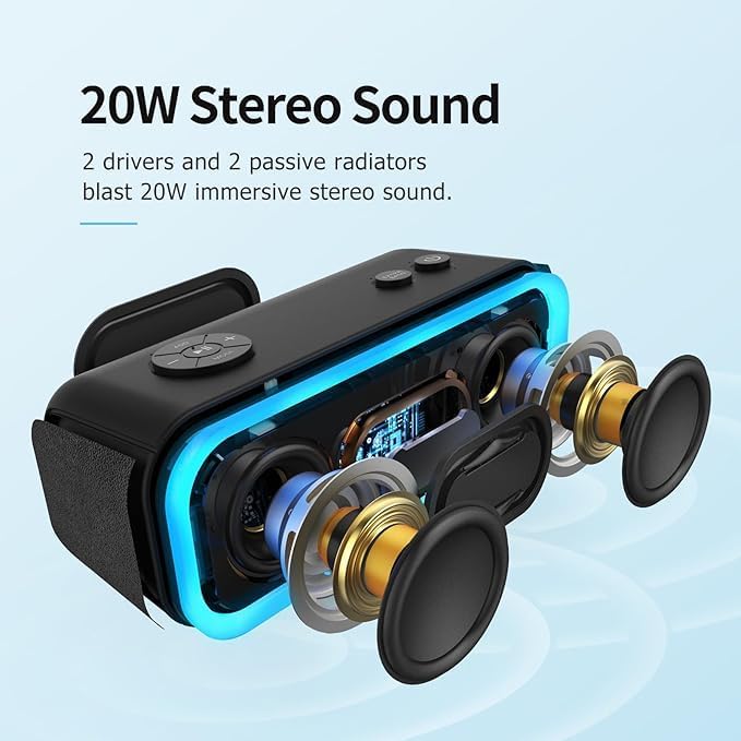 DOSS SoundBox Pro Bluetooth Speaker, 20W Stereo Sound, Active Extra Bass, 20H Playtime, Multi-Colors Lights, TWS Pairing, IPX6 Waterproof for Garden, Hiking, Camping, Outdoor, Party-Black