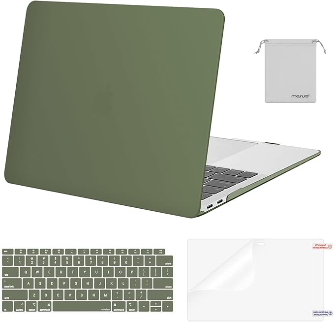 MOSISO Compatible with MacBook Air 13 inch Case M1 Chip 2021-2018 Release A2337 A2179 A1932, Plastic Hard Shell&Keyboard Cover&Screen Film&Storage Bag for MacBook Air 13.3 inch Case, Army Green